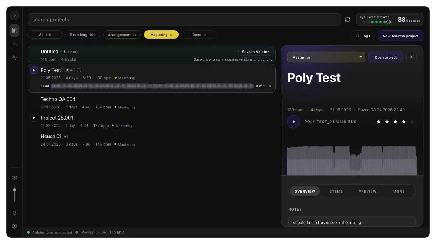 Vibseek Studio project dashboard with stages, project details, notes, and preview controls